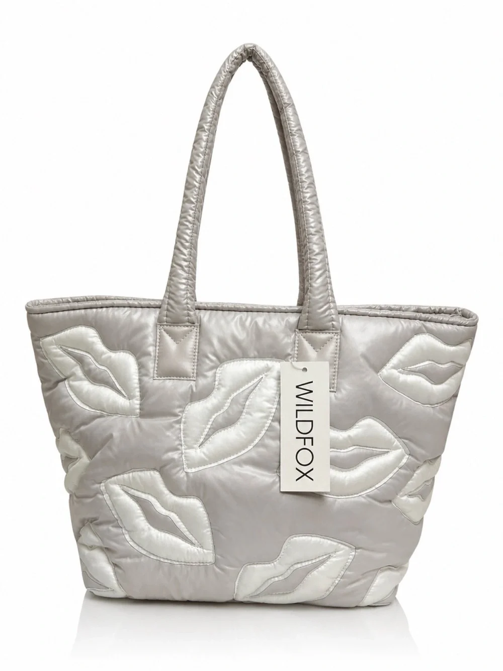 Wildfox Puffy Lips Quilted Tote Silver White NWT Zip Top Carryall